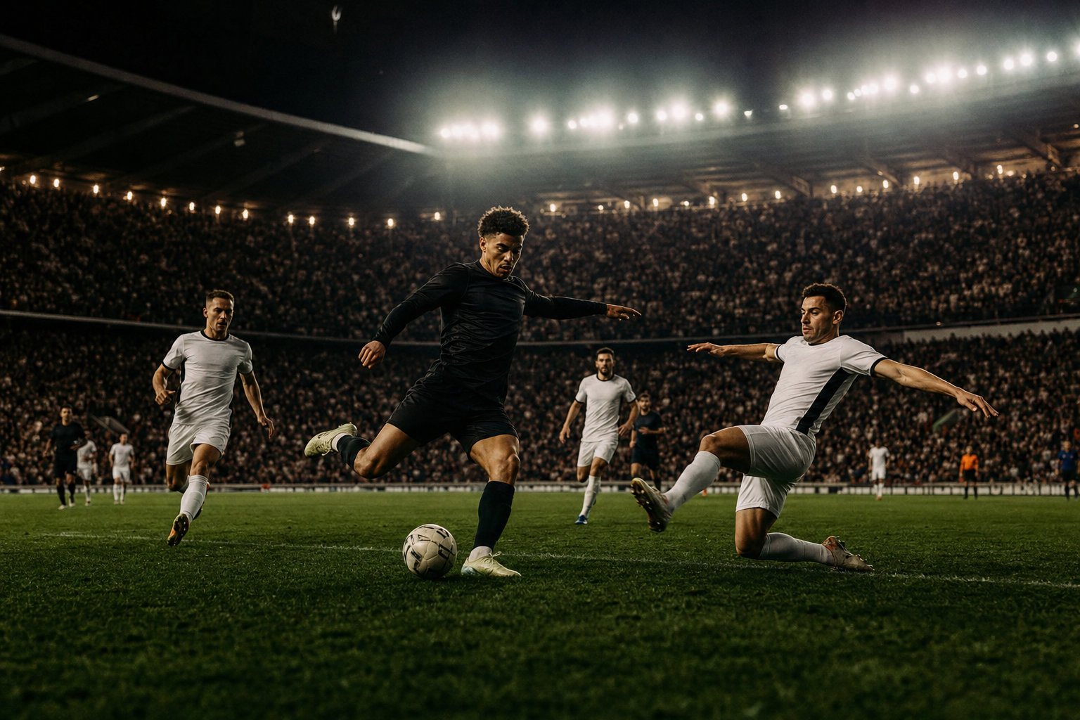 A packed football stadium during a night match under floodlights