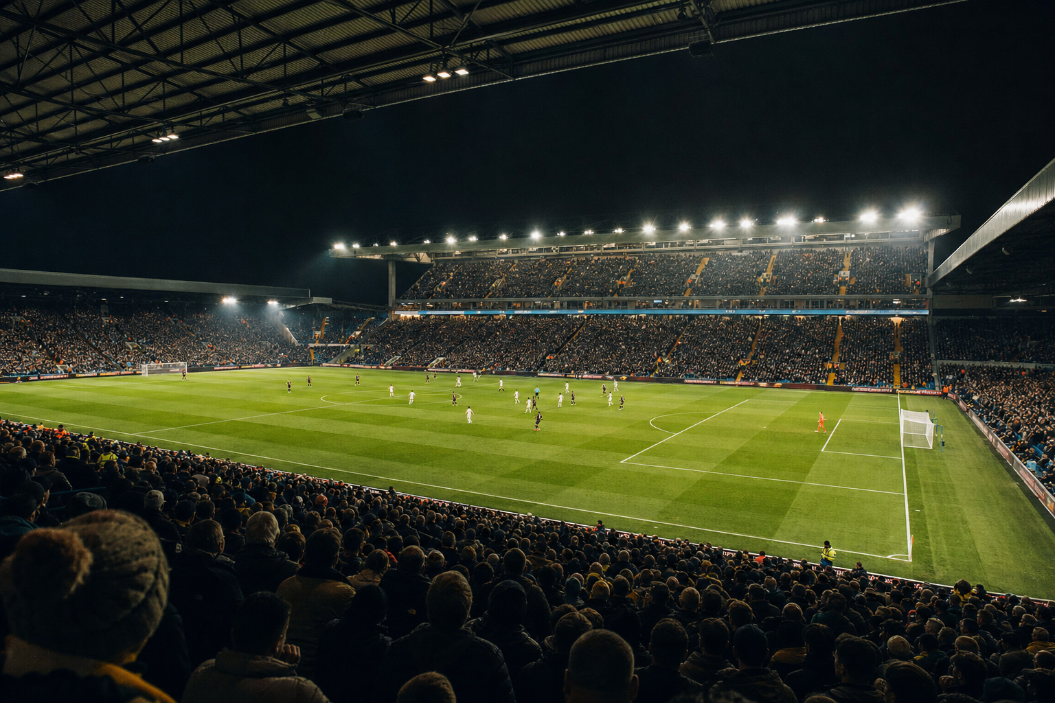 Elland Road under floodlights during a packed Championship night match