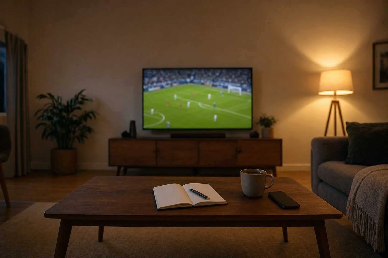An open notebook, pen and phone on a coffee table in front of a television showing a football match